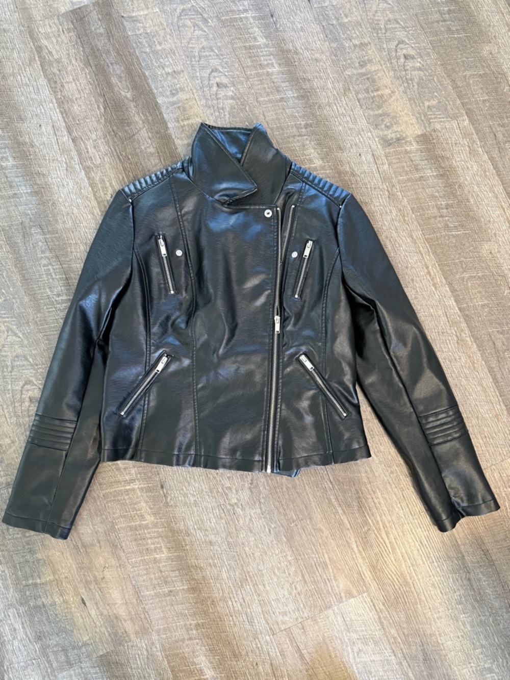Women's Black Faux Leather Moto Jacket with Zip Details
